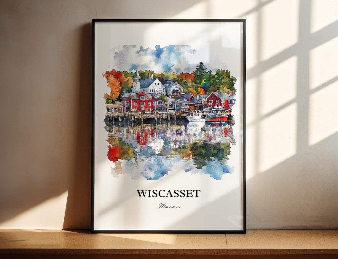 Wiscasset Maine Harbor Fishing Village Autumn Watercolor Travel Poster