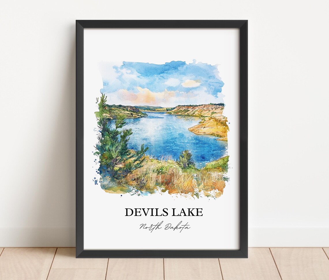 Devils Lake North Dakota Prairie Lake Watercolor Landscape Poster - Image 4