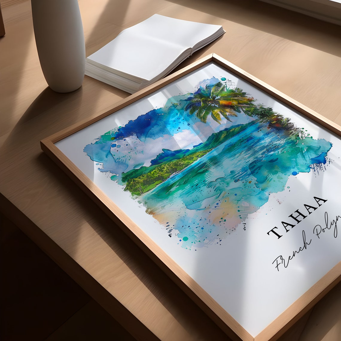 Tahaa French Polynesia Lagoon Palm Trees Watercolor Island Poster - Image 5
