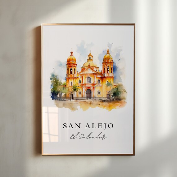 San Alejo El Salvador Golden Church Watercolor Travel Poster