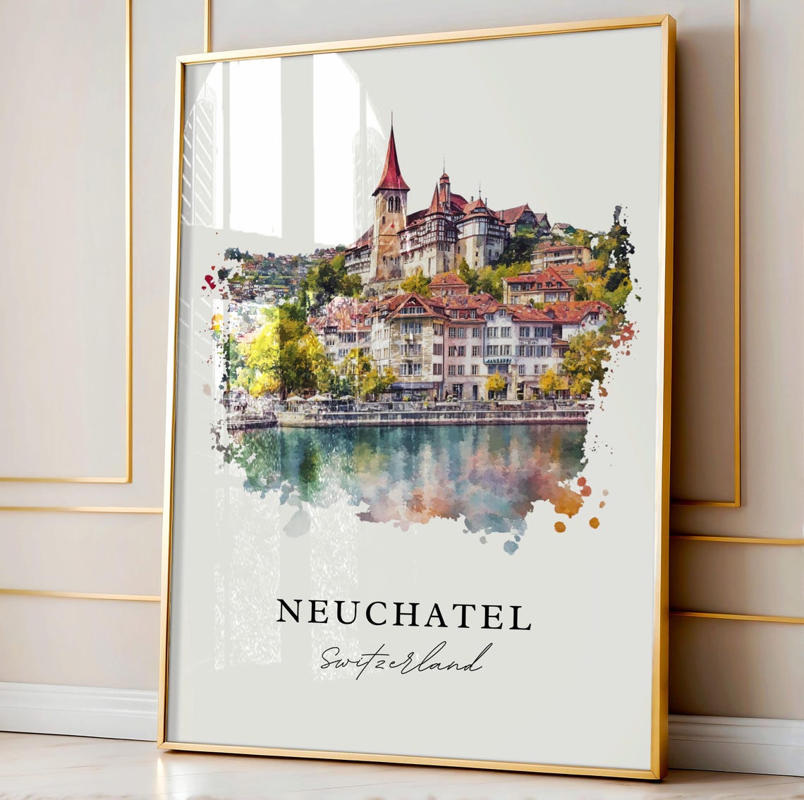 Neuchatel Switzerland Lake Town Castle Watercolor Travel Poster - Image 4