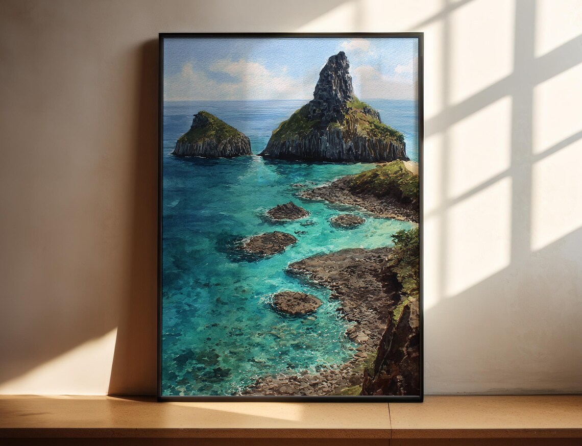 Fernando de Noronha Brazil Turquoise Bay Sea Stacks Island Watercolor Poster