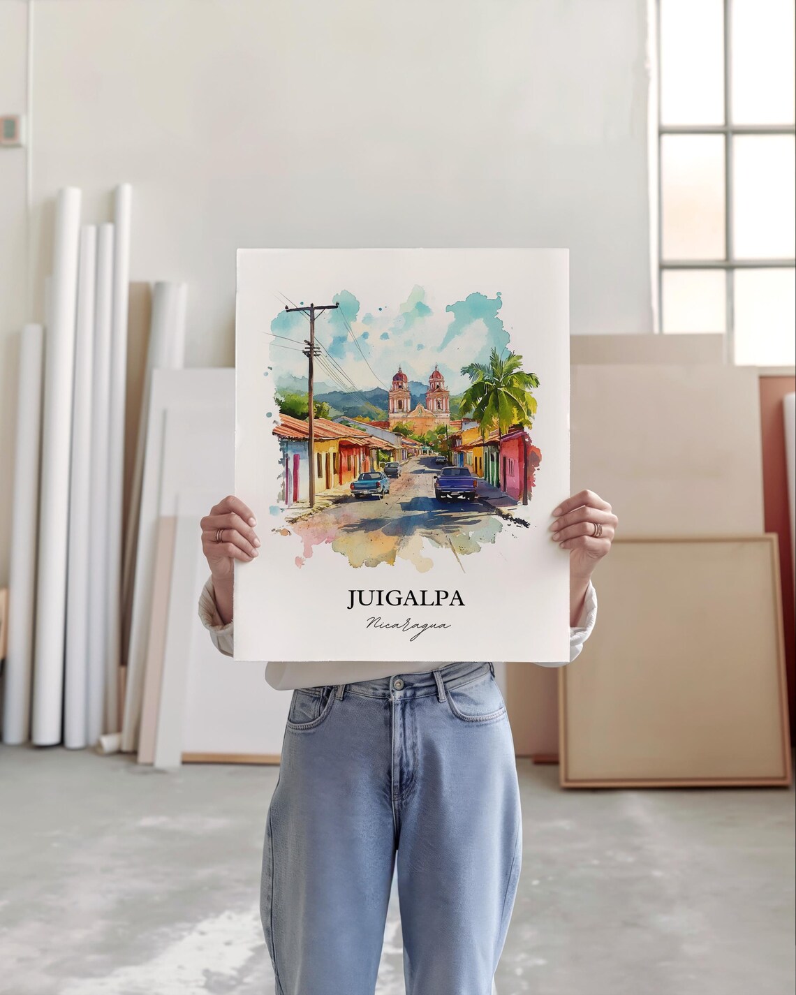 Juigalpa Nicaragua Colorful Street Twin Tower Church Watercolor Poster - Image 2
