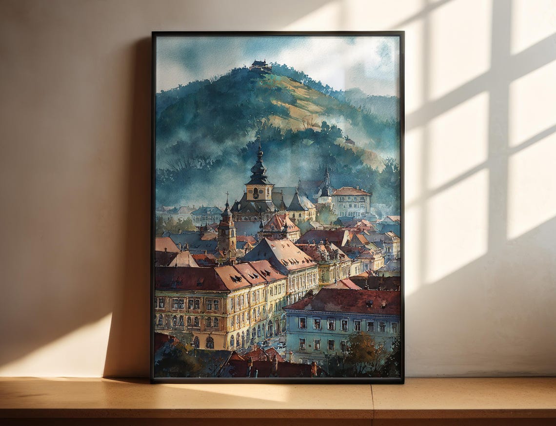 Old Town Mountain Backdrop Watercolor Cityscape European Charm Poster
