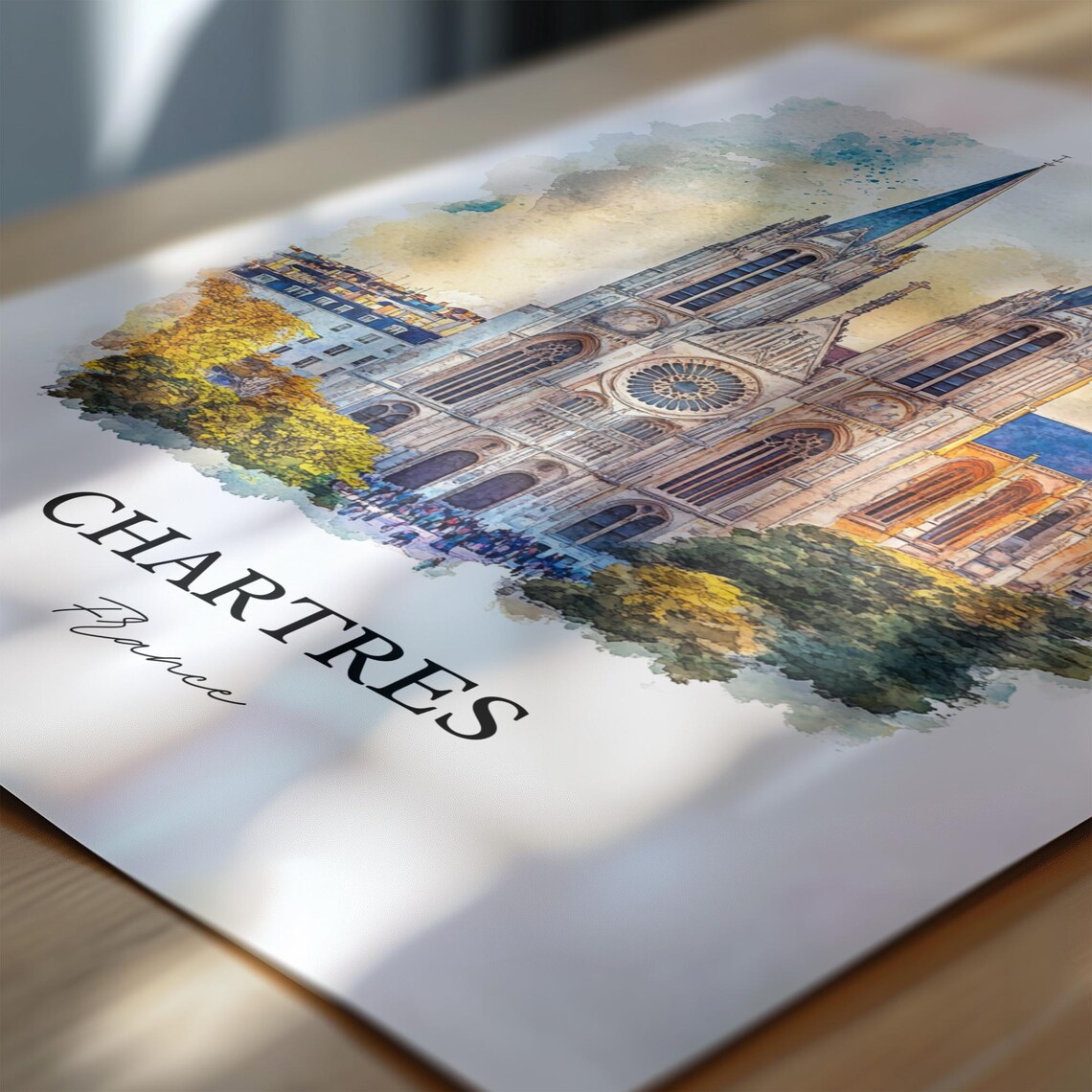 Chartres France Watercolor Cathedral Twin Spires Gothic Facade Poster - Image 6