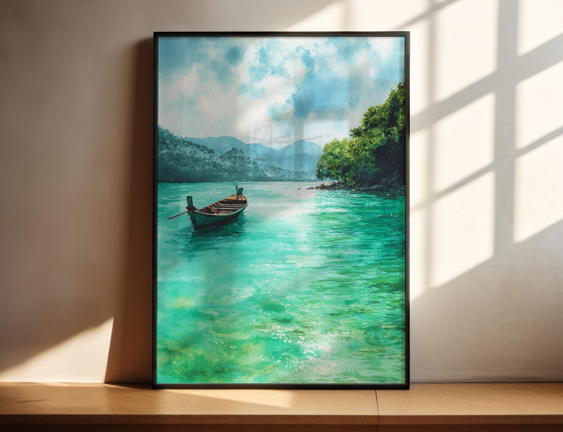 Longtail Boat Turquoise Water Tropical Shore Watercolor Poster