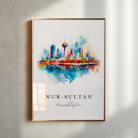 Nur Sultan Kazakhstan Watercolor Modern Skyline Golden Sphere Tower Poster