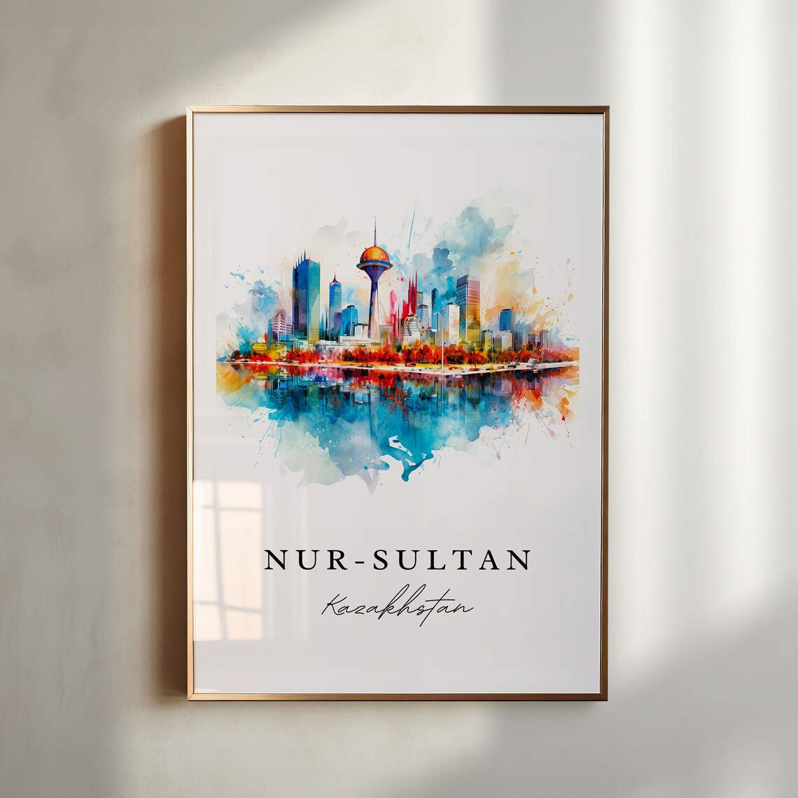Nur Sultan Kazakhstan Watercolor Modern Skyline Golden Sphere Tower Poster