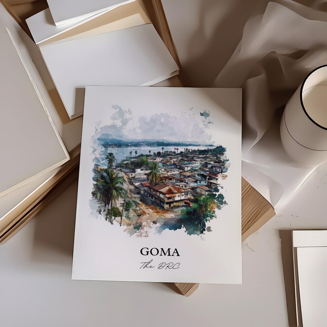 Goma Congo Watercolor Cityscape Lakeside Town Gift Art Poster - Image 6