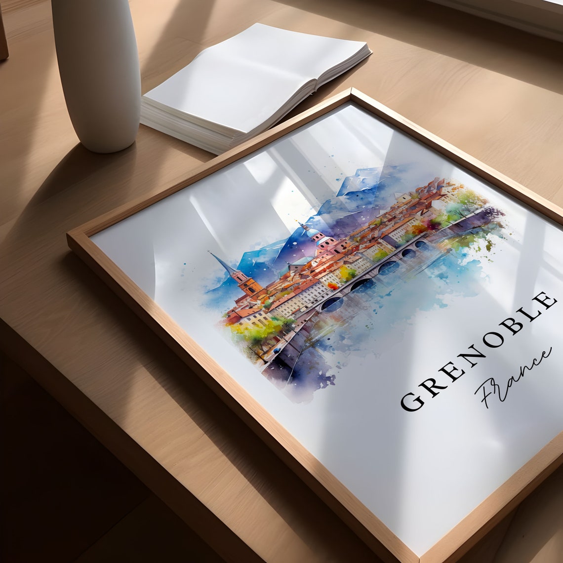 Grenoble France Alpine Mountain Cityscape Watercolor River Poster - Image 4