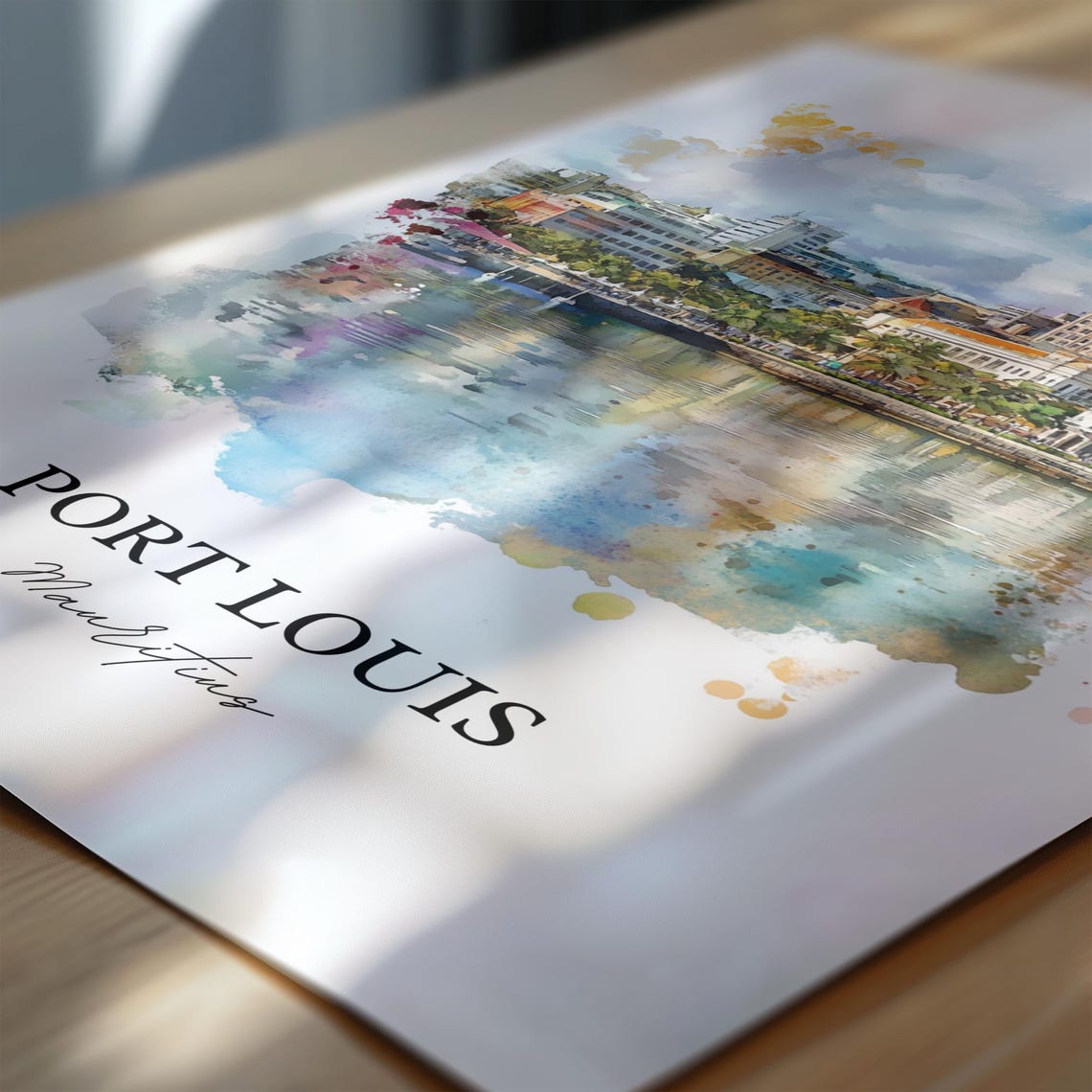 Port Louis Mauritius Harbor Skyline Waterfront Watercolor Poster - Image 6