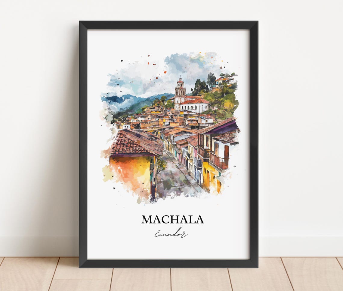 Machala Ecuador Watercolor Hillside Street Church Mountain Poster - Image 5