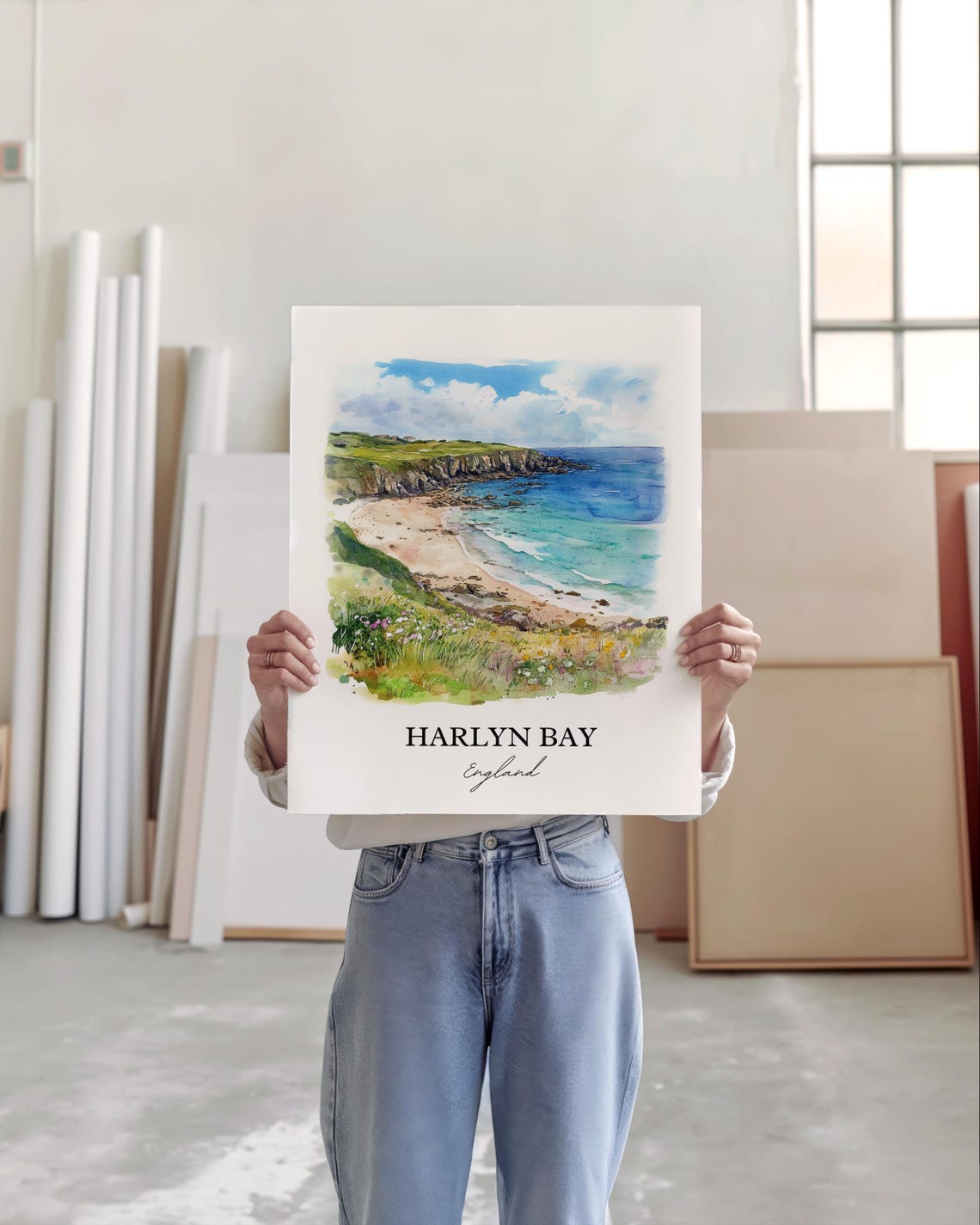 Harlyn Bay England Watercolor Beach Cliffs Turquoise Sea Coast Poster - Image 4
