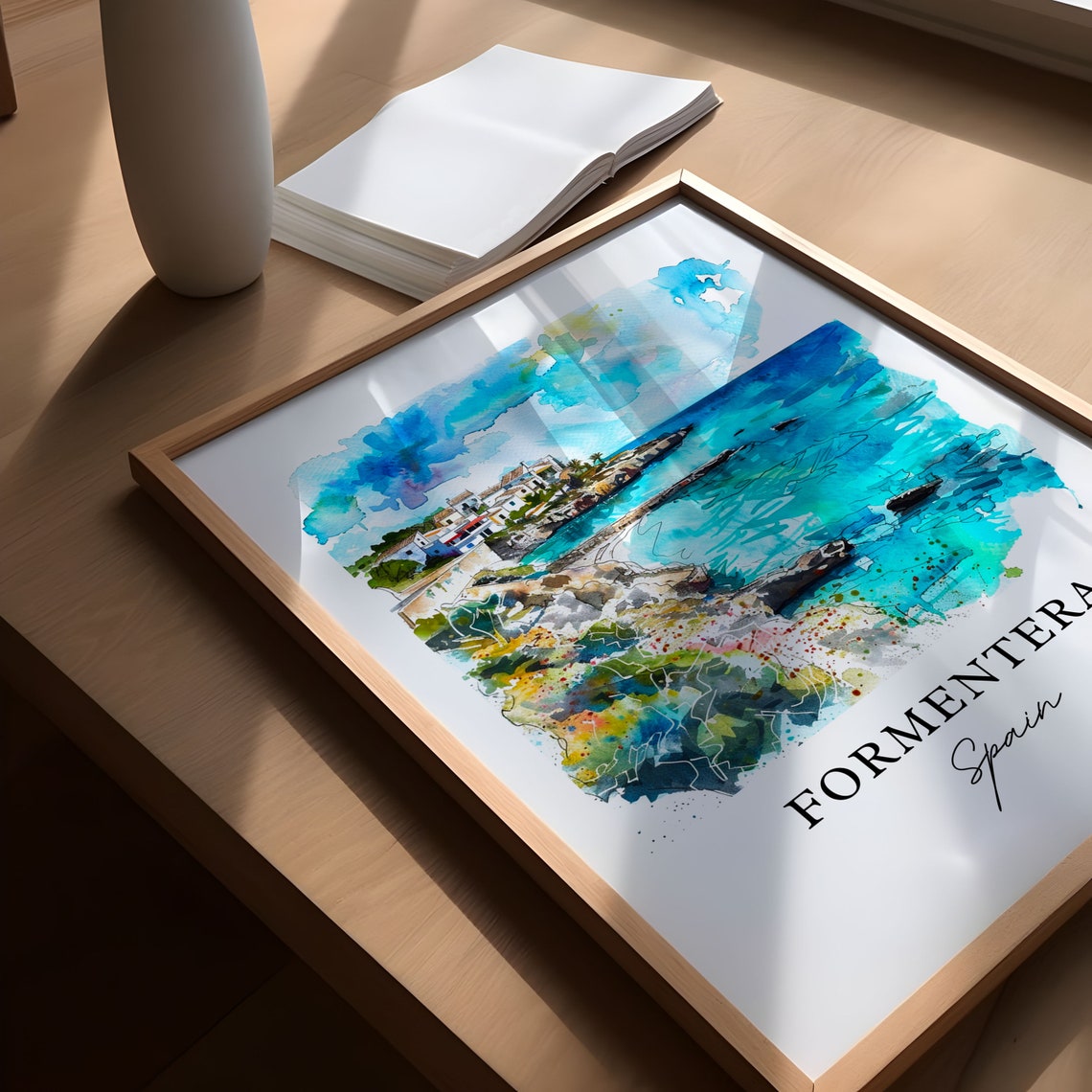 Formentera Spain Turquoise Cove Beach Watercolor Travel Poster - Image 5