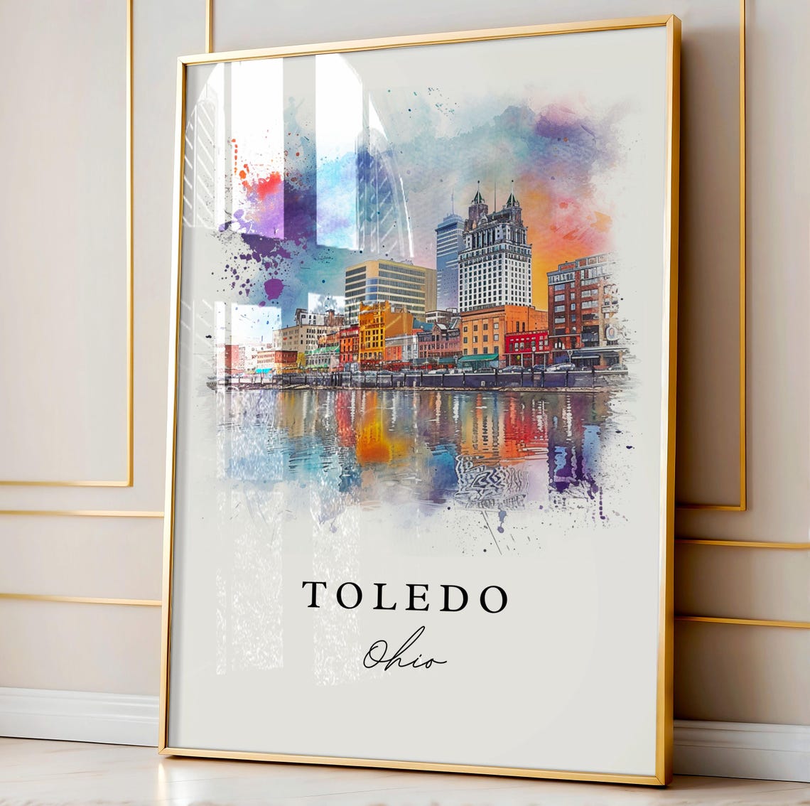 Toledo Ohio Riverfront Skyline Reflection Watercolor City Art Poster - Image 4