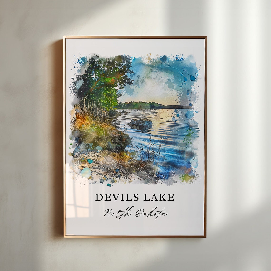 Devils Lake North Dakota Watercolor Rocky Shoreline Sunset View Poster