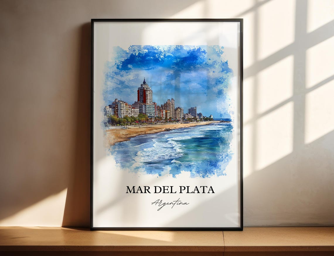Mar Del Plata Argentina Watercolor Beach Towers Surf Waves Poster