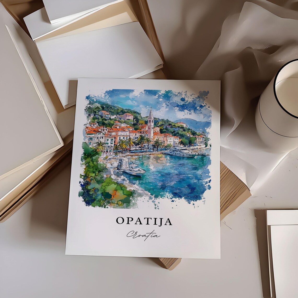 Opatija Croatia Seaside Promenade Palms Watercolor Travel Poster - Image 6