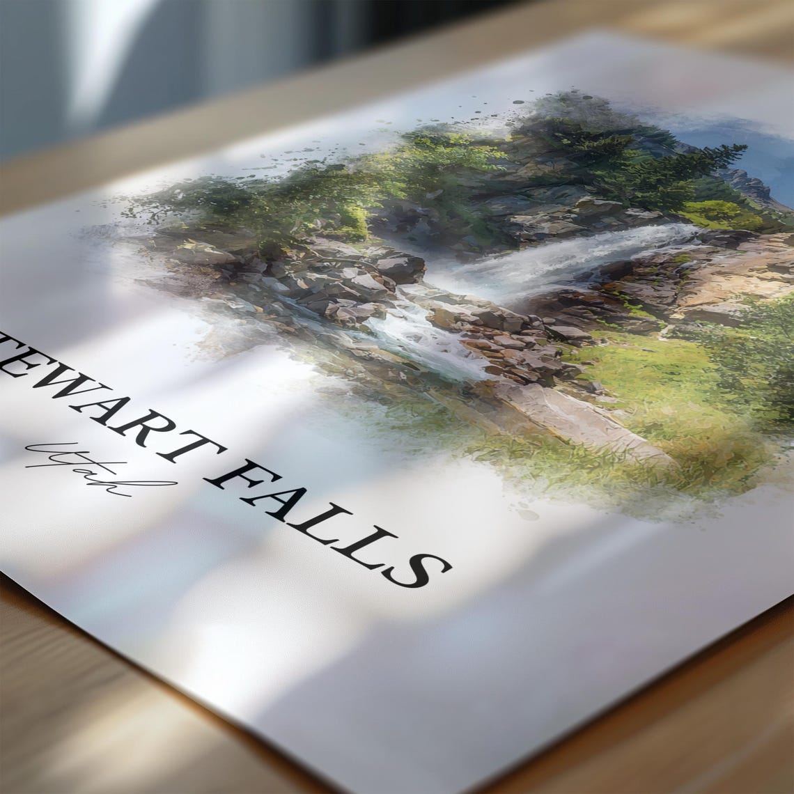 Stewart Falls Utah Watercolor Waterfall Cliffs Pine Trees Poster - Image 6