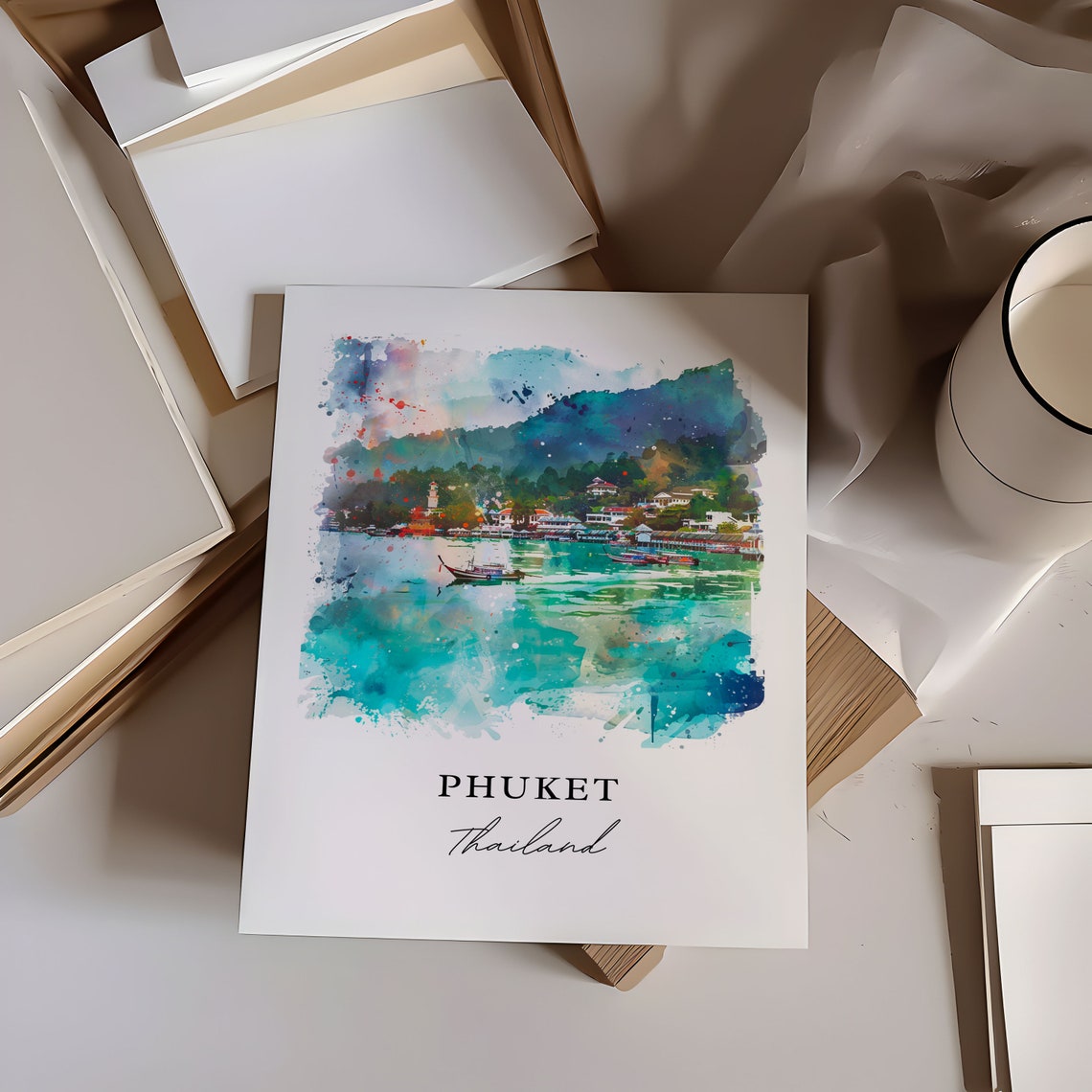 Phuket Thailand Watercolor Art Turquoise Bay Longtail Boats Poster - Image 5