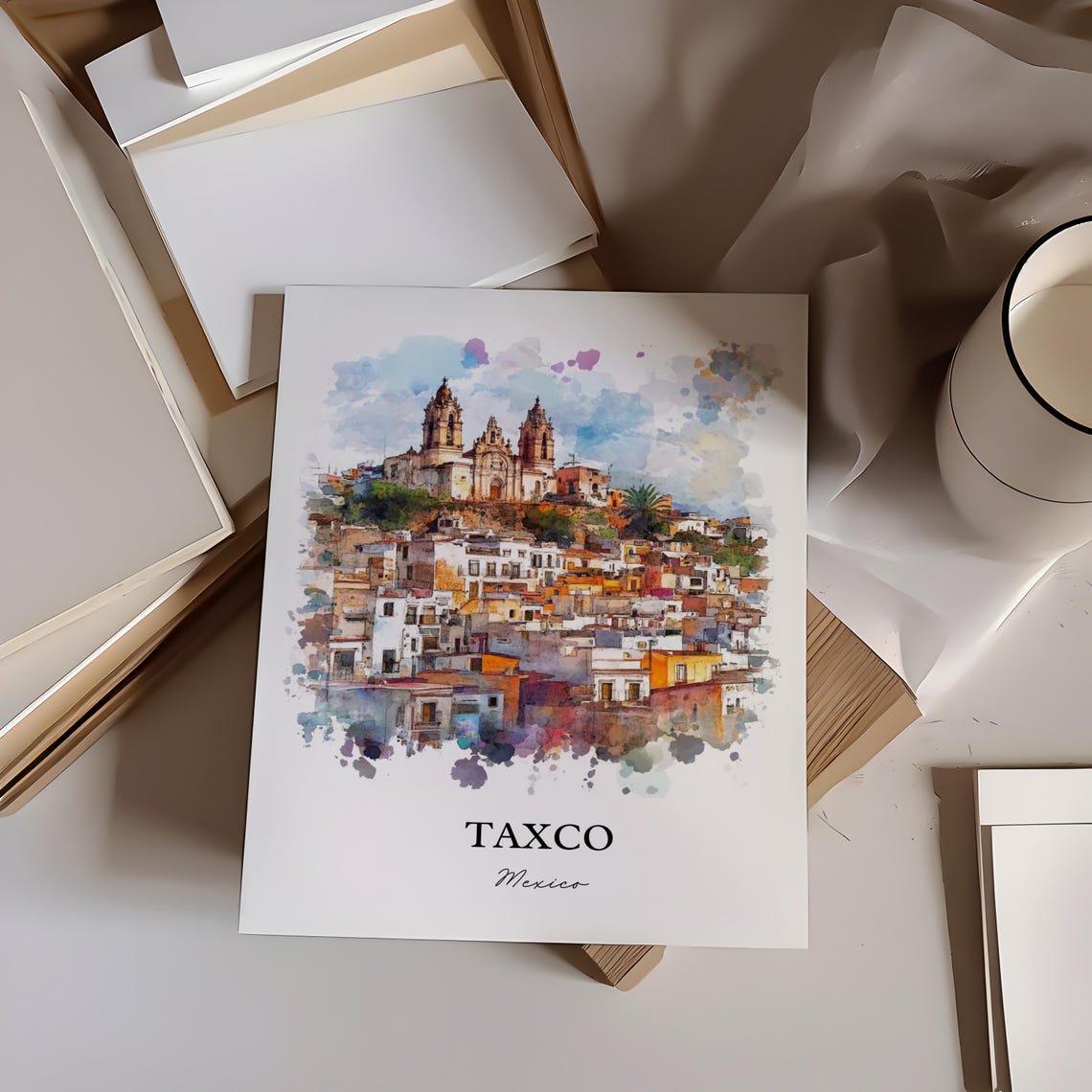 Taxco Mexico Watercolor Hillside Cathedral Colorful Rooftops Poster - Image 2