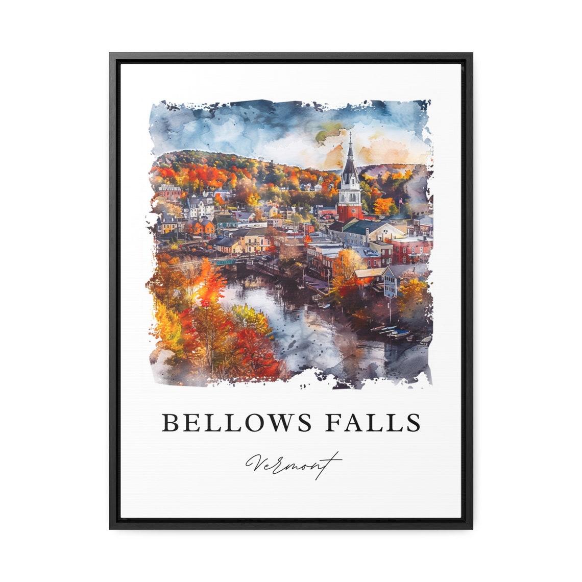Bellows Falls Vermont River Town Fall Foliage Watercolor Art Poster - Image 3