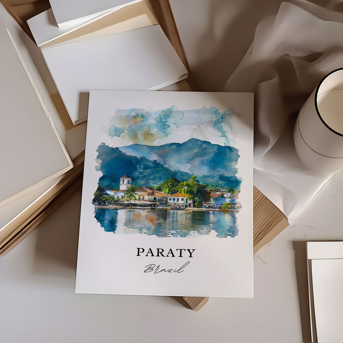 Paraty Brazil Coastal Town Bay Mountain Reflection Watercolor Poster - Image 6