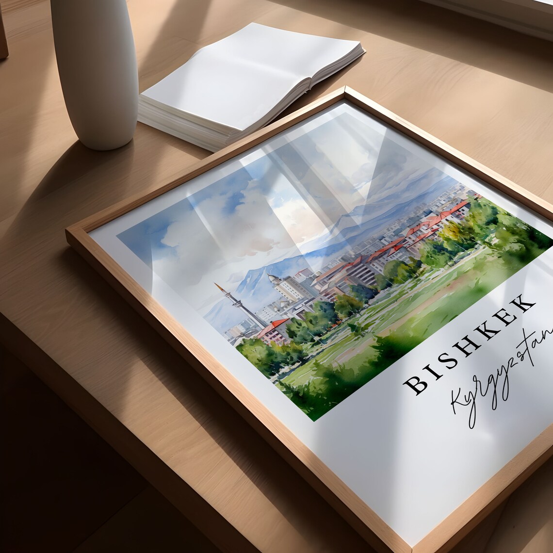 Bishkek Kyrgyzstan Watercolor City Mountains Minaret Art Poster - Image 5