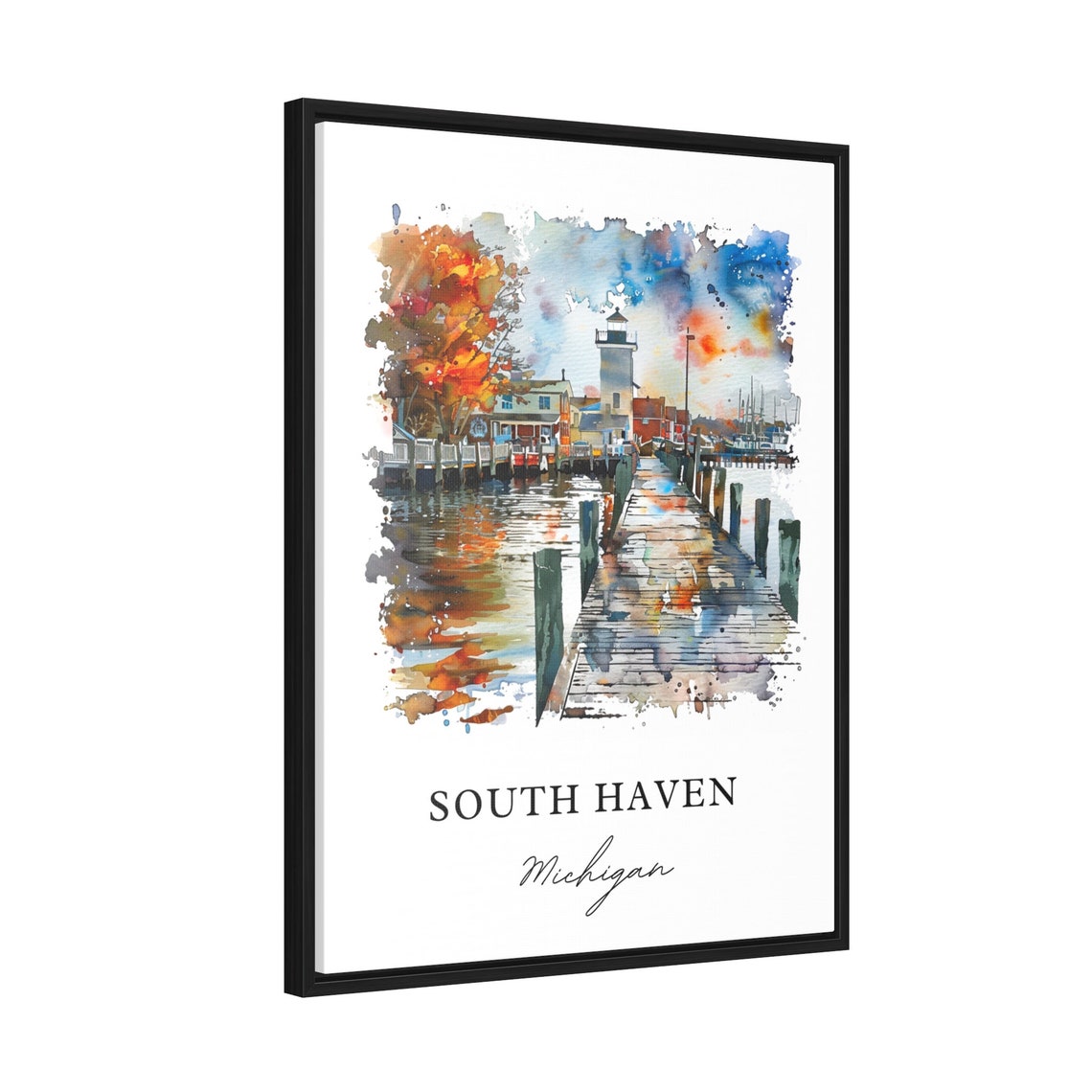 South Haven Michigan Lighthouse Pier Watercolor Harbor Poster - Image 2