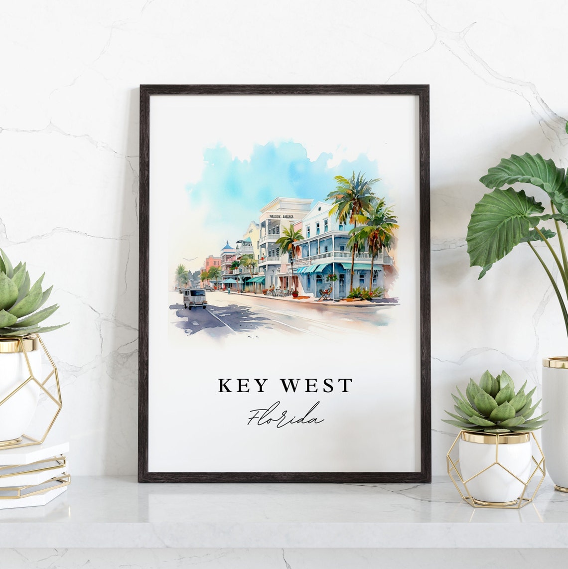 Key West Florida Duval Street Colorful Buildings Watercolor Poster