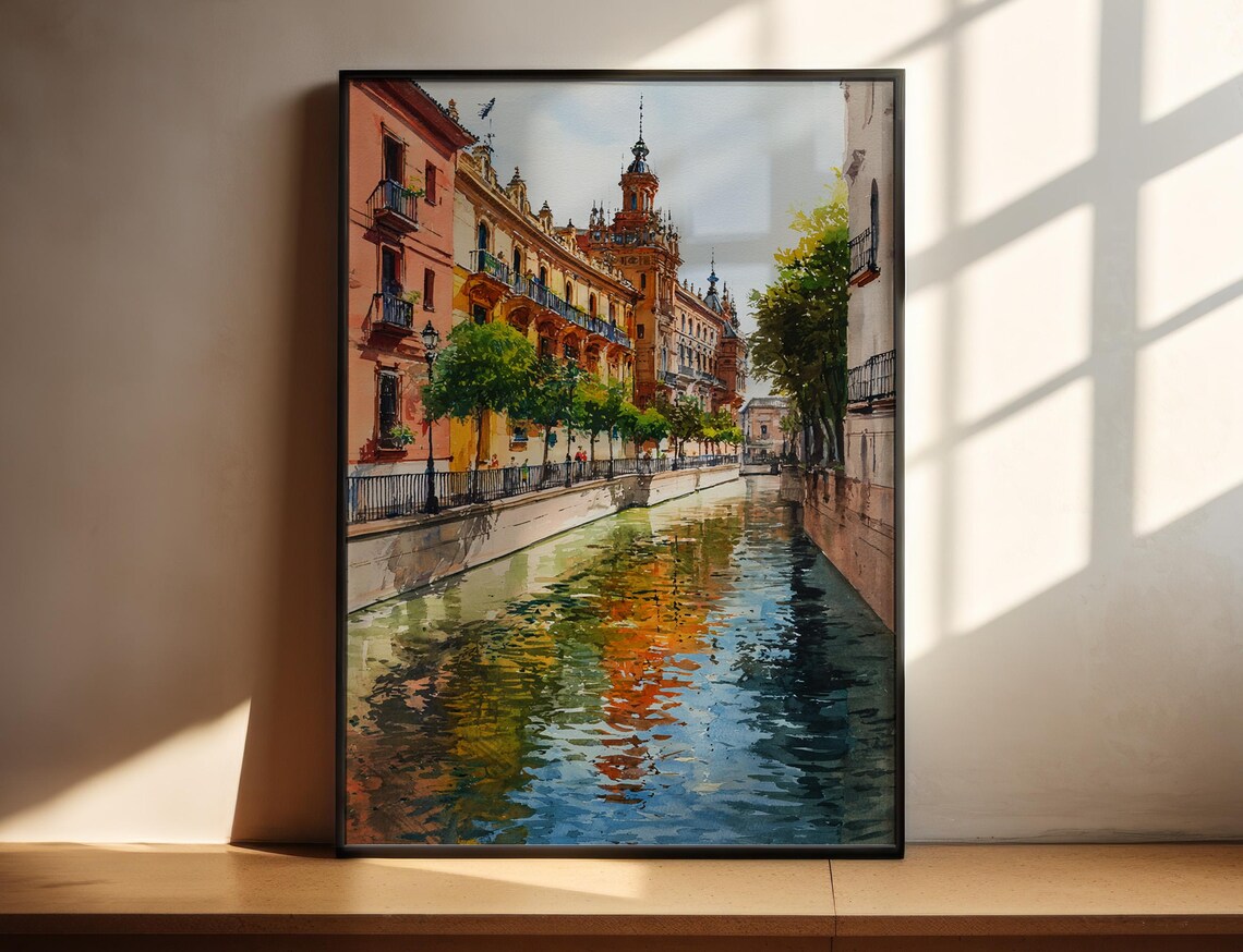 Seville Spain Plaza Canal Historic Watercolor City Travel Poster