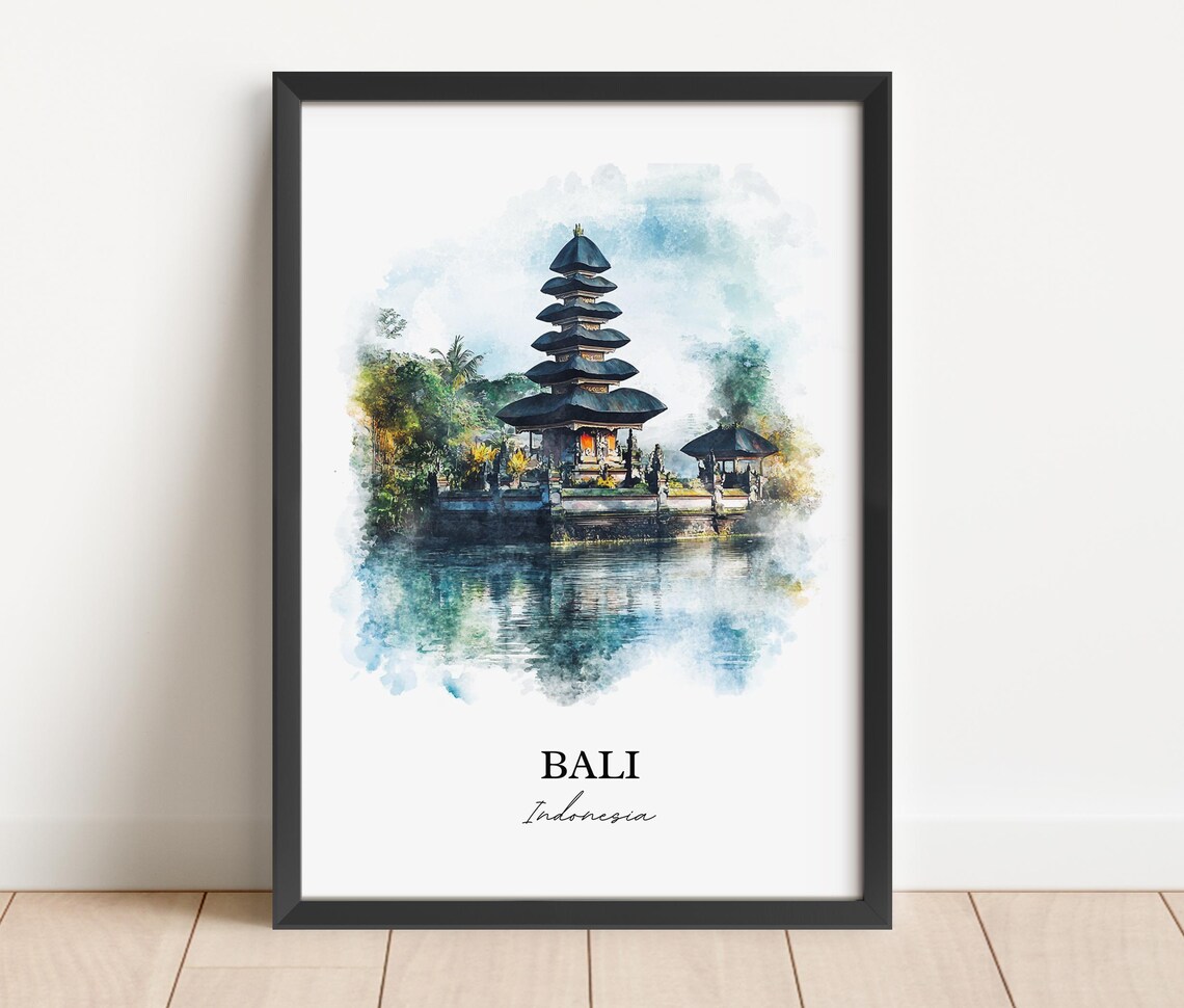Bali Indonesia Watercolor Lake Temple Serene Island Scene Poster - Image 4