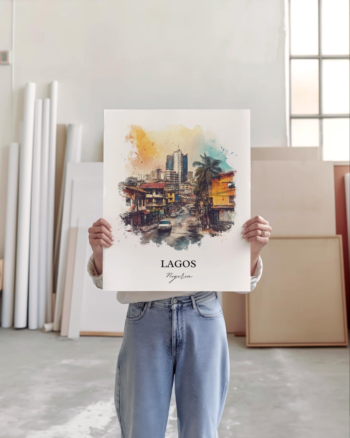 Lagos Nigeria Bustling Street Palm Trees City Watercolor Poster - Image 4
