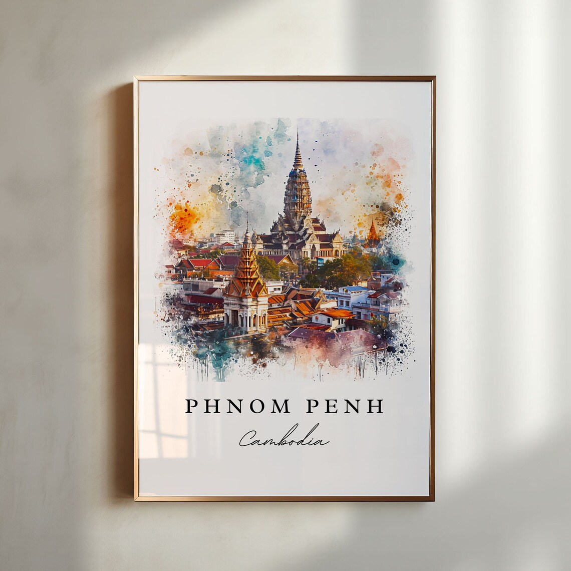 Phnom Penh Cambodia Royal Palace Spires Watercolor Travel Poster