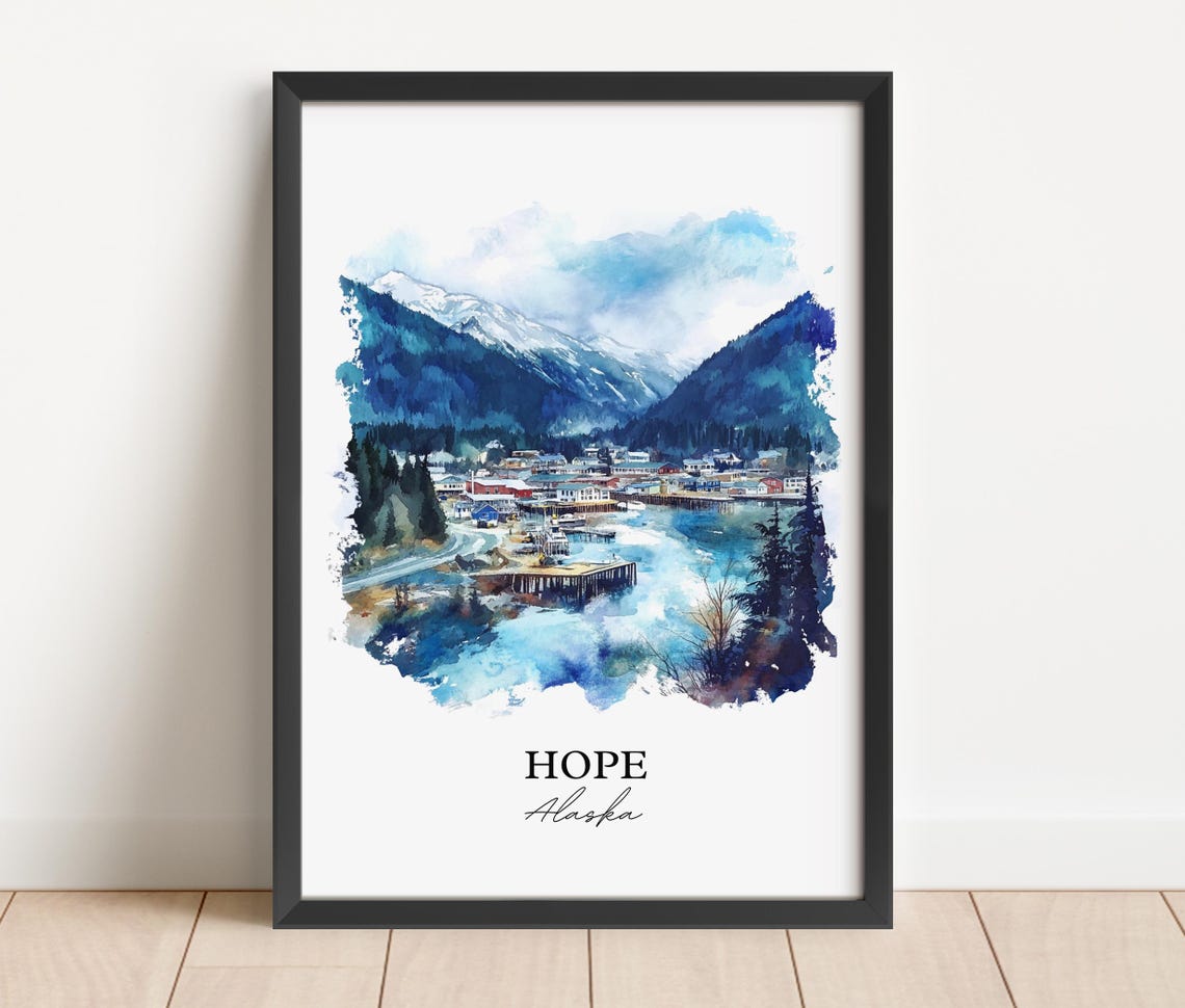 Hope Alaska Harbor Mountain Snow Peak Watercolor Travel Poster - Image 2