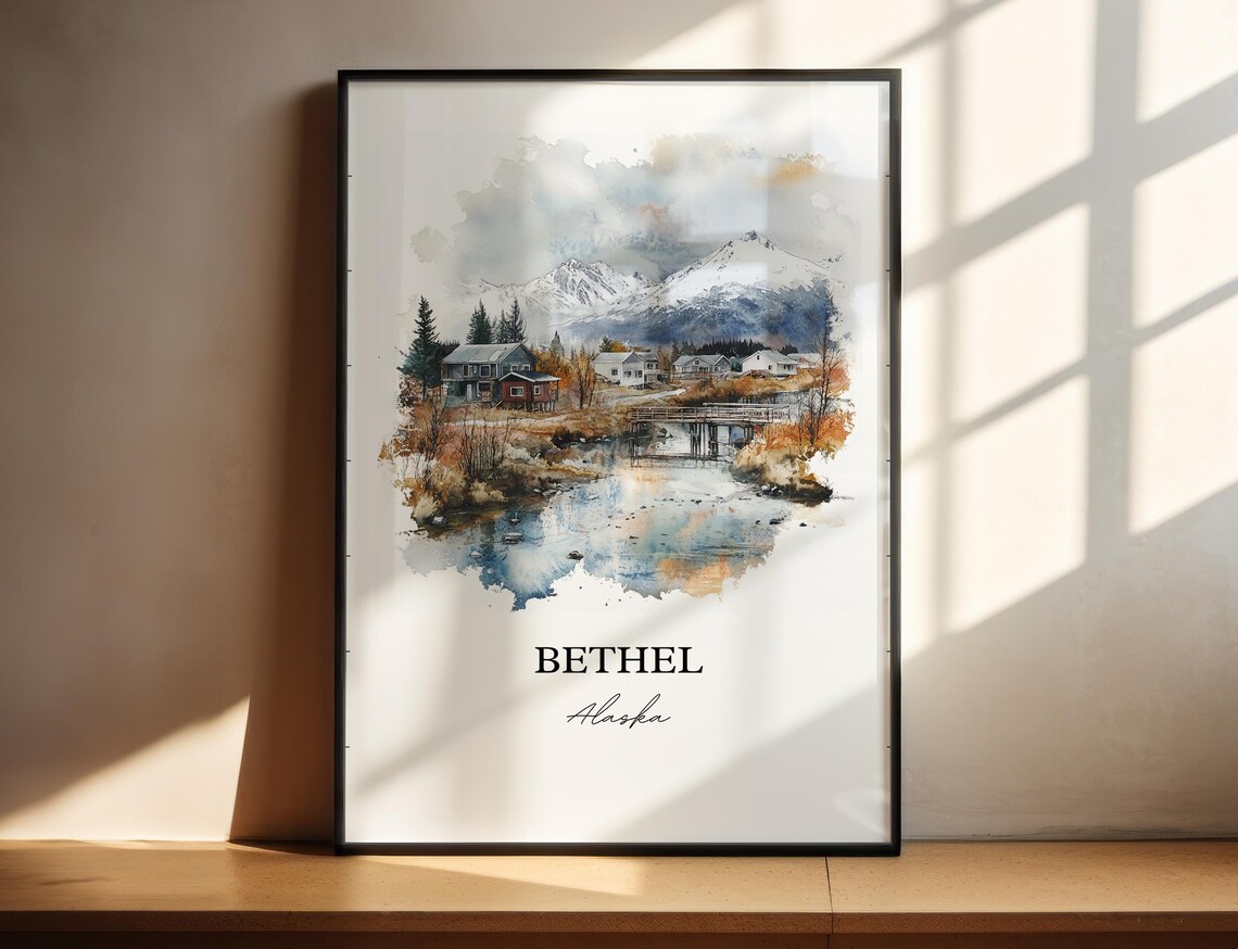 Bethel Alaska Riverside Village Snowy Mountains Watercolor Poster