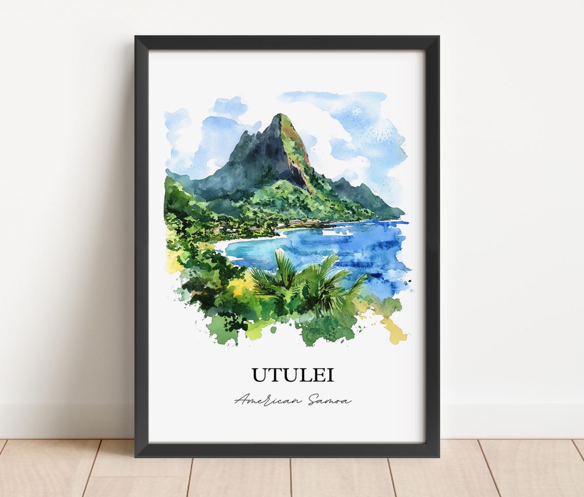 Utulei American Samoa Twin Peaks Bay Coastal Watercolor Poster - Image 3