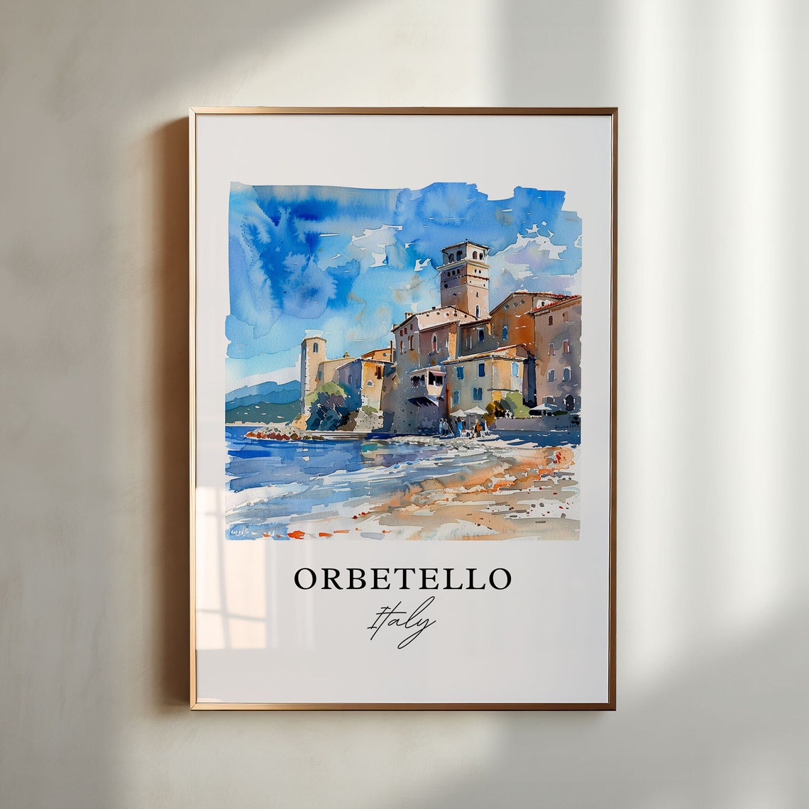 Orbetello Italy Waterfront Old Town Watercolor Travel Poster