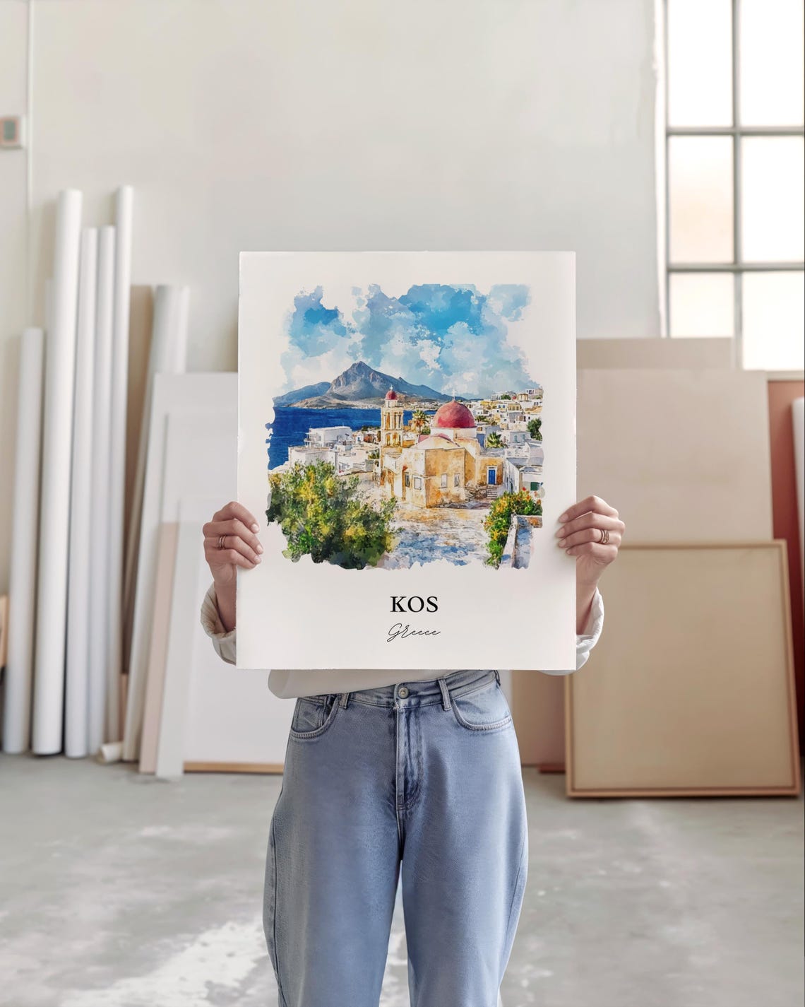 Kos Greece Island Whitewashed Town Dome Church Watercolor Poster - Image 4