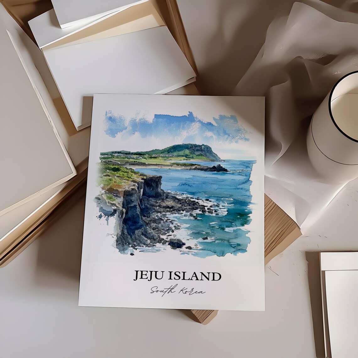 Jeju Island South Korea Volcanic Coast Cliffs Watercolor Travel Poster - Image 2