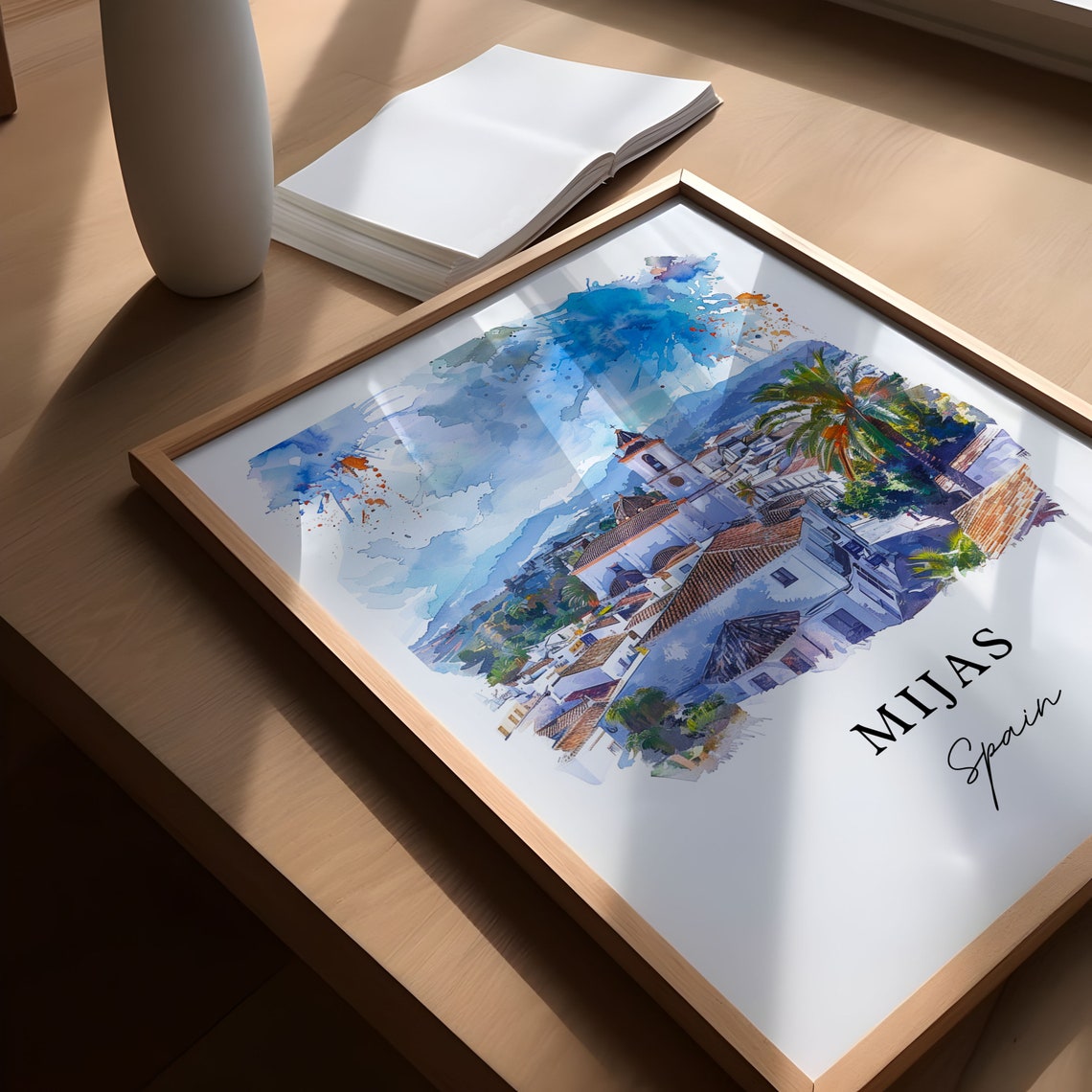 Mijas Spain Watercolor Whitewashed Village Church Palm Trees Poster - Image 5