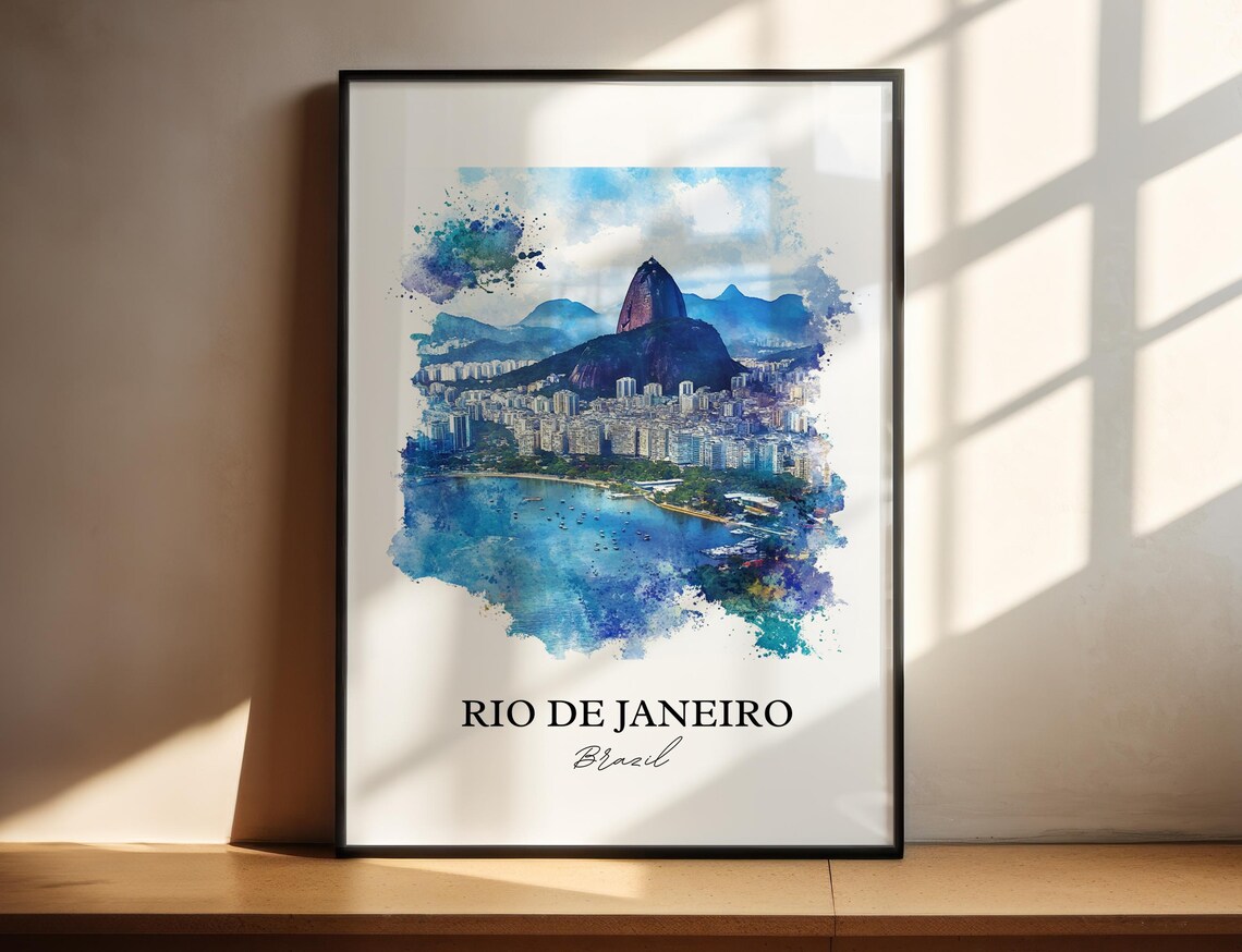 Rio de Janeiro Brazil Sugarloaf Bay Watercolor Beach Scene Poster