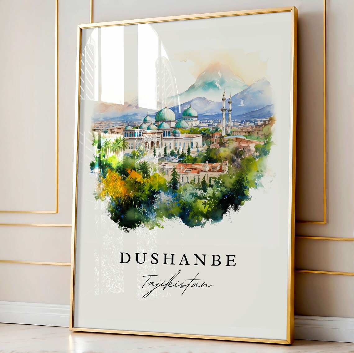 Dushanbe Tajikistan Watercolor Green Domed Mosque Mountain City Travel Poster - Image 5