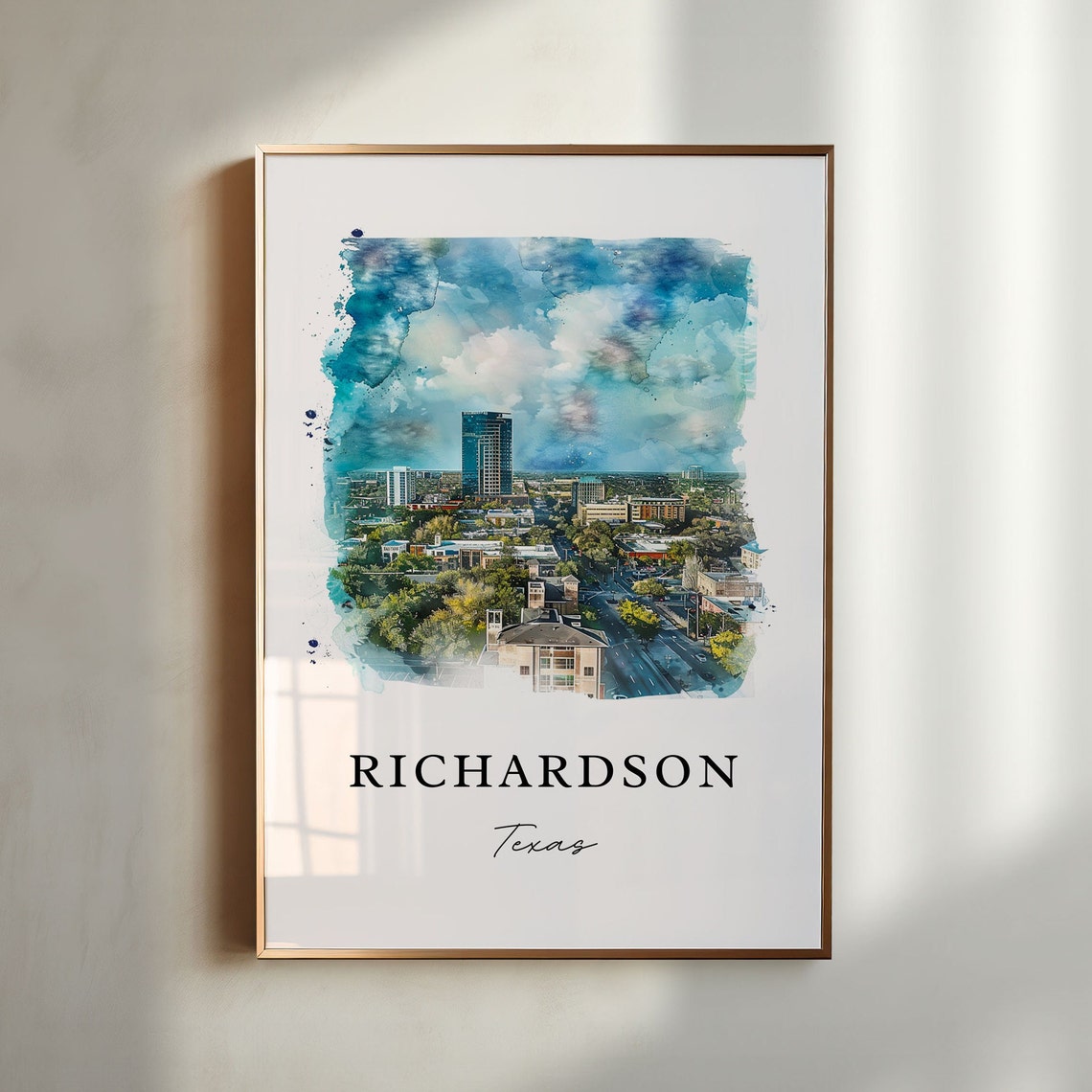 Richardson Texas Watercolor Skyline City View Travel Art Poster