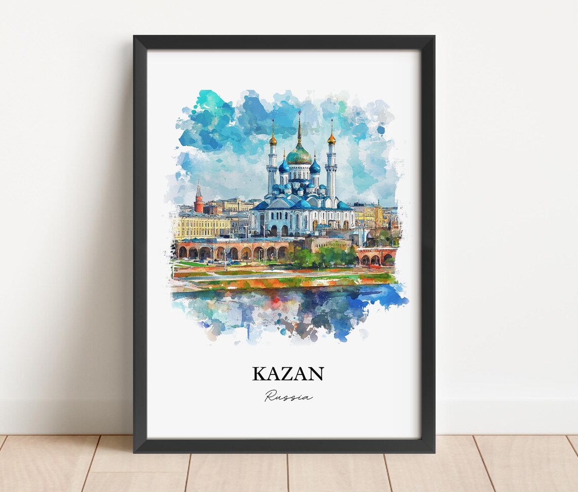 Kazan Russia Watercolor Mosque Minarets River View Travel Poster - Image 5