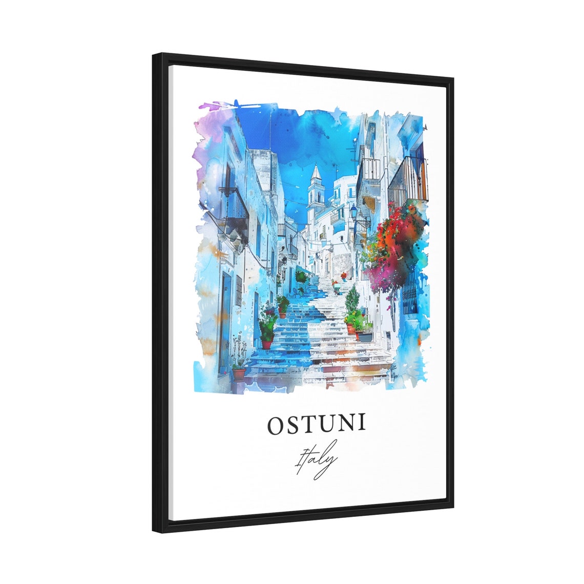 Ostuni Italy Whitewashed Hill Town Steps Watercolor Travel Poster - Image 2