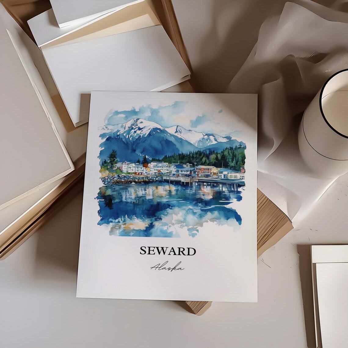 Seward Alaska Harbor Town Snowy Mountain Watercolor Travel Poster - Image 2