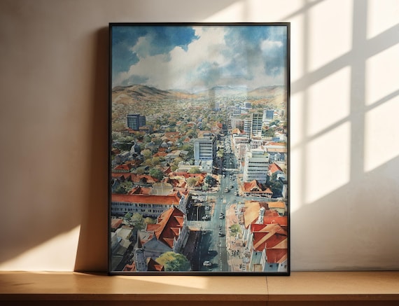 Windhoek Namibia Aerial Cityscape Red Roofs Watercolor Travel Poster