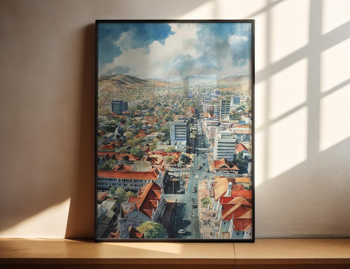 Windhoek Namibia Aerial Cityscape Red Roofs Watercolor Travel Poster