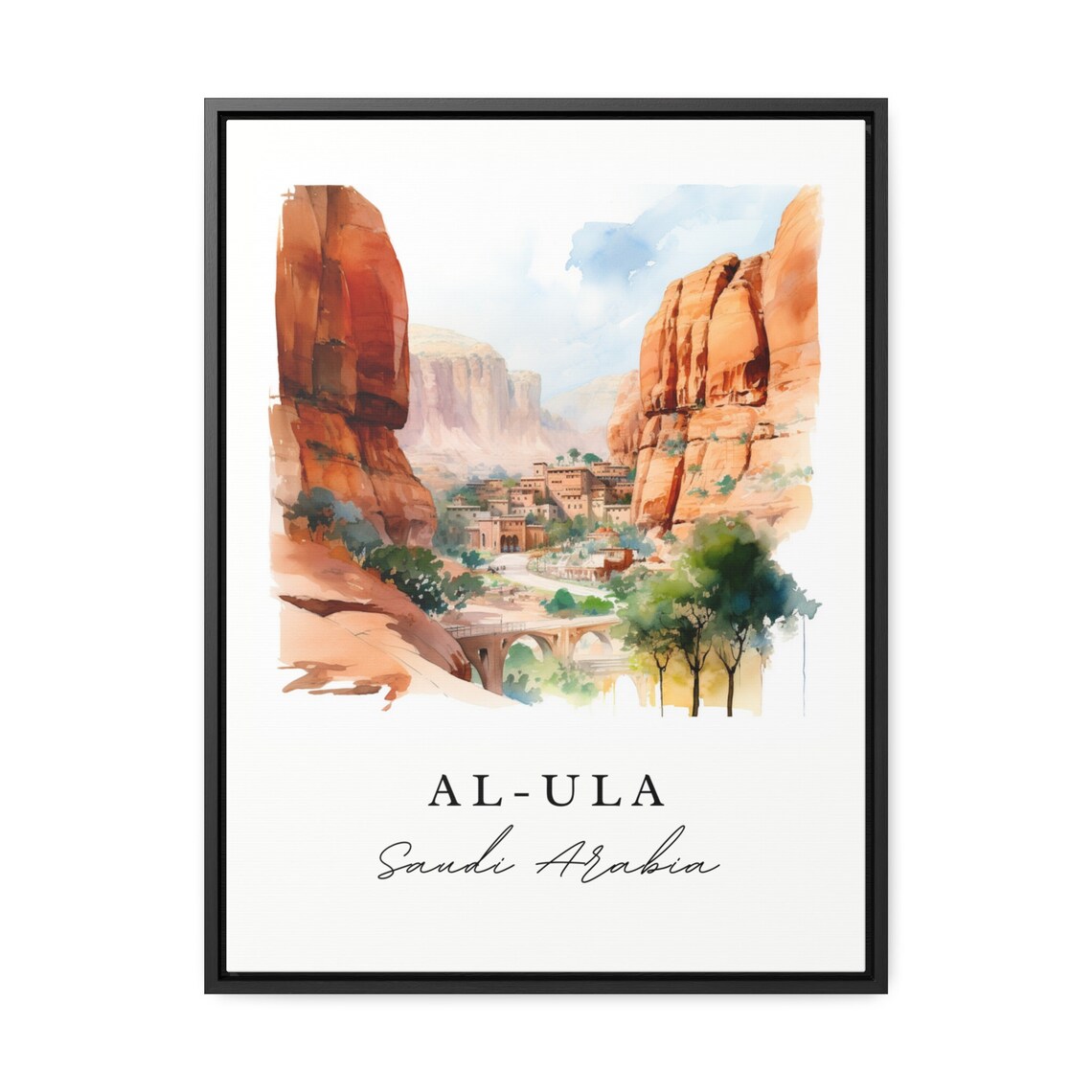 Al Ula Saudi Arabia Watercolor Red Rock Desert Canyon Oasis Poster - Image 2